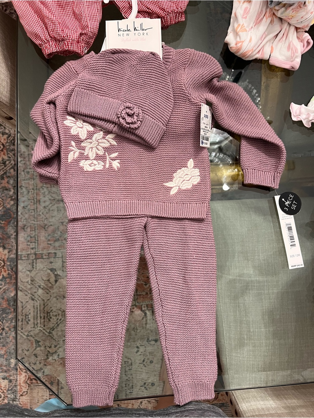 Nicole Miller Baby Girl Dusty Rose Knitted Sweater, Pants & Hat Set